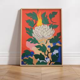 White Flower in Flames Painting, Abstract Art Poster Inspired By Henri Matisse - thumbnail 1