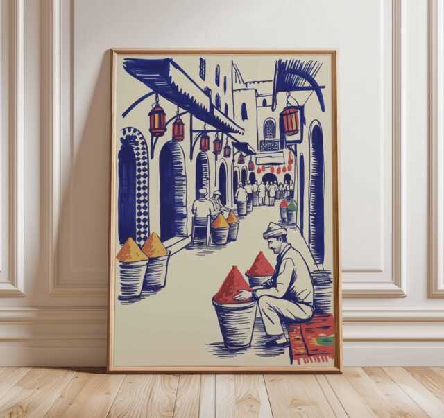 Moroccan Market Poster - Marrakech Spice Souk Wall Art, Travel Print Of Morocco Bazaar With Lanterns & Vibrant Colors - image 1