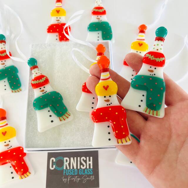 Fused Glass Snowman Decoration - Christmas Decoration, Snowman Cornish - image 1