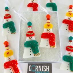Fused Glass Snowman Decoration - Christmas Decoration, Snowman Cornish - thumbnail 2
