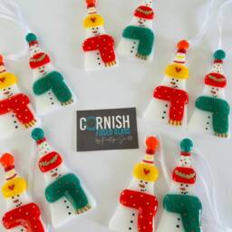 Fused Glass Snowman Decoration - Christmas Decoration, Snowman Cornish - thumbnail 4