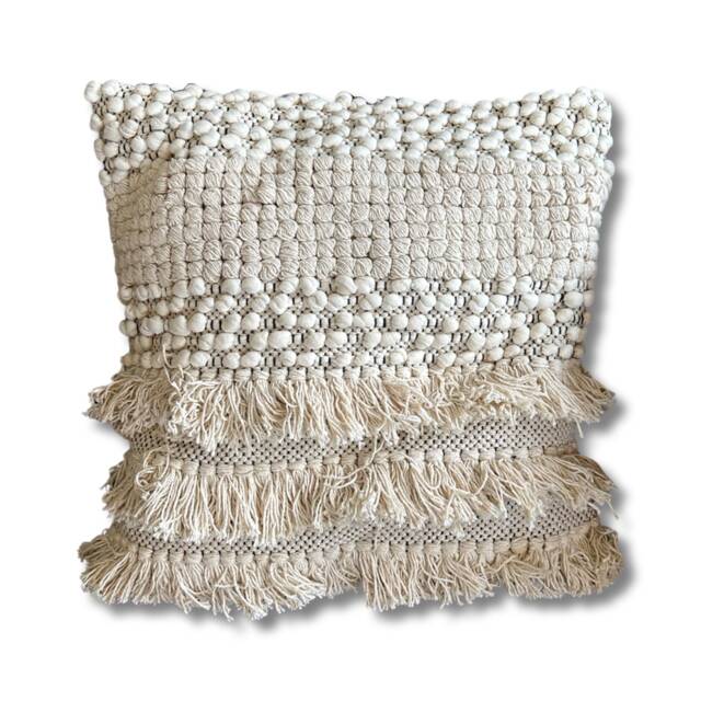 Maxlume ~ 16x16 Beige Boho Cushion, Woven Wool Cover, Plait Detail, Braided Pillow, Comes Filled - image 1
