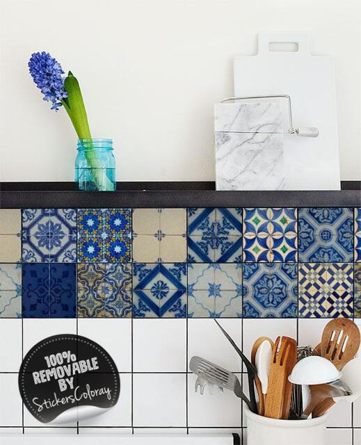 Blue Portuguese Tile Stickers, Pack Of 24, Lisbon Decals, Removable, Traditional, Ornamental, Ethnic, Peel & Stick #22T - image 1