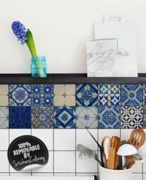 Blue Portuguese Tile Stickers, Pack Of 24, Lisbon Decals, Removable, Traditional, Ornamental, Ethnic, Peel & Stick #22T - thumbnail 1