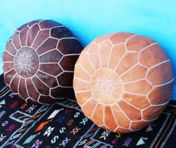 Handmade Moroccan Leather Pouf Set White, Tan & Dark Brown