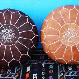 Handmade Moroccan Leather Pouf Set White, Tan & Dark Brown - thumbnail 2