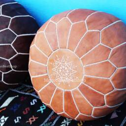 Handmade Moroccan Leather Pouf Set White, Tan & Dark Brown - thumbnail 3
