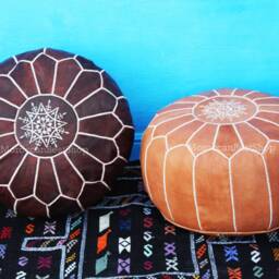 Handmade Moroccan Leather Pouf Set White, Tan & Dark Brown - thumbnail 4