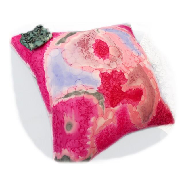 Silk Cushion Cover, Hand Painted. Pink, Abstract, Shabby Chic Bohemian Pillow With Grey Rosette - image 1
