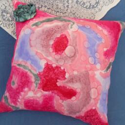Silk Cushion Cover, Hand Painted. Pink, Abstract, Shabby Chic Bohemian Pillow With Grey Rosette - thumbnail 2