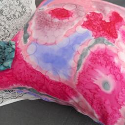 Silk Cushion Cover, Hand Painted. Pink, Abstract, Shabby Chic Bohemian Pillow With Grey Rosette - thumbnail 3