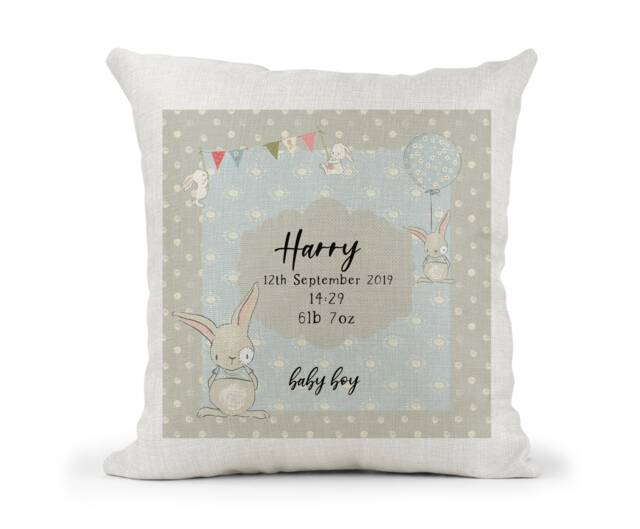 Personalised Baby Boy Cream Cushion. Girls Christening Gift, Keepsake Gift, Bedroom Decor.. Blue Vintage. Bunnies & Banners - image 1