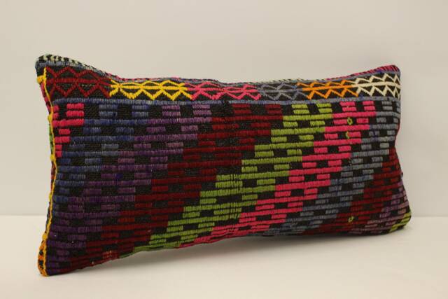 Vintage Turkish Kilim Pillow Cover, Wool Lumbar Cushion - 12x24 In - image 1
