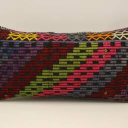 Vintage Turkish Kilim Pillow Cover, Wool Lumbar Cushion - 12x24 In - thumbnail 2