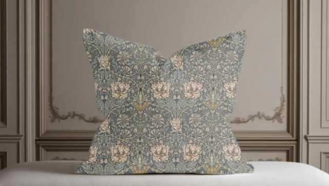 William Morris Honeysuckle Steel Cushion, Handmade Pillow, Decorative Scatter Arts & Crafts Sofa Cushion - image 1