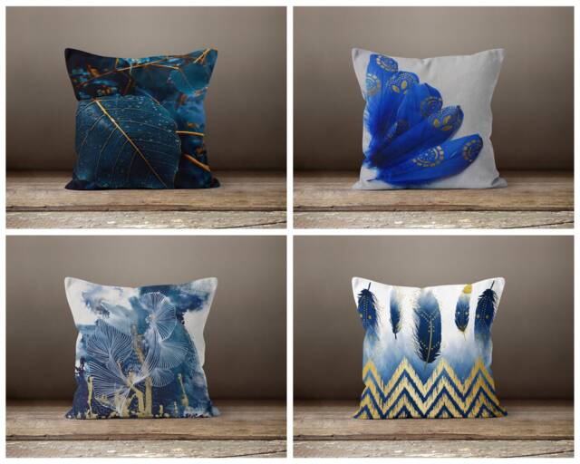 Blue Floral Cushion Cover-Flower Decorative Pillow Case-Living Room Case-Modern Cover-Gift For Her Cushion-Handmade Material - image 1