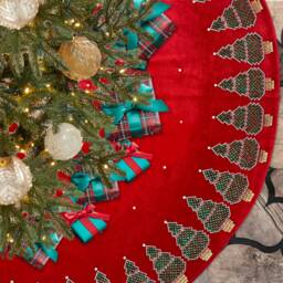 Christmas Tree Skirt, Red Velvet, Emerald Green Rhinestone Crystal Pines, Embroidered Custom Names. Holiday Decor Handmade By Sade New York - thumbnail 2