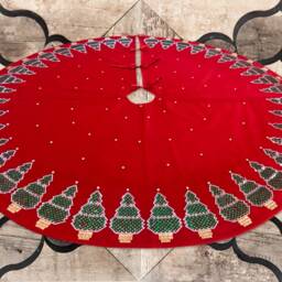Christmas Tree Skirt, Red Velvet, Emerald Green Rhinestone Crystal Pines, Embroidered Custom Names. Holiday Decor Handmade By Sade New York - thumbnail 3