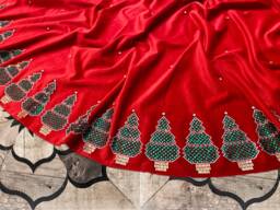 Christmas Tree Skirt, Red Velvet, Emerald Green Rhinestone Crystal Pines, Embroidered Custom Names. Holiday Decor Handmade By Sade New York