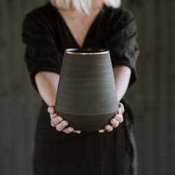 Ceramic Vase For Flowers With Gold Rim, Matte Black Pottery, Collection Eclipse Gold - thumbnail 2