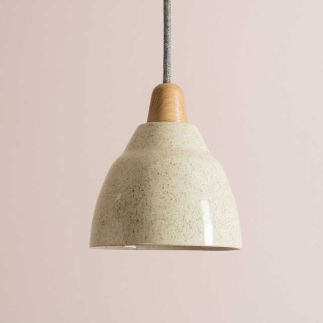Small Speckled Cream Gloss Element Pendant Light in Ceramic & Oak - image 1