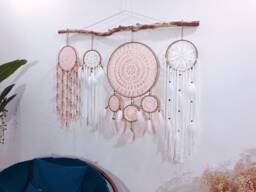 Pink Dreamcatcher Wall Hanging Set, Boho Nursery Decor - thumbnail 1
