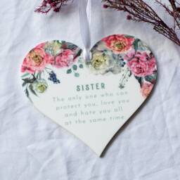 Pink Peony Sister White Acrylic Mini Heart Wall Hanging - Keepsake Token - thumbnail 1