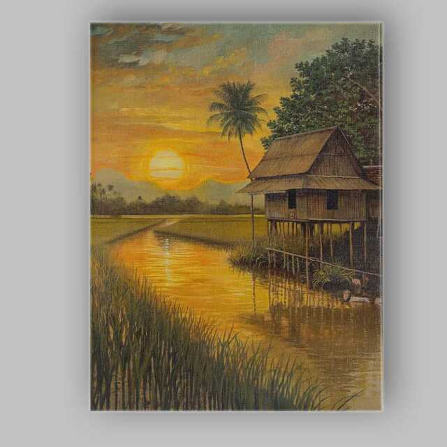 Golden Sunset Tropical Stilt House Waterside Landscape Canvas Wall Art Print Decor Picture Ready To Hang - image 1