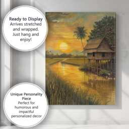 Golden Sunset Tropical Stilt House Waterside Landscape Canvas Wall Art Print Decor Picture Ready To Hang - thumbnail 3