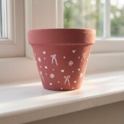 Sweetheart Bow Planter - Terracotta Hand Painted Planter- Botanical - thumbnail 2