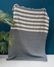 Navy Blue Stripes Egyptian Cotton Handloomed Pompom Throw Sofa Throw Blanket 130x170cm 51''x69'' Woven Living Room Decor Throws - thumbnail 1
