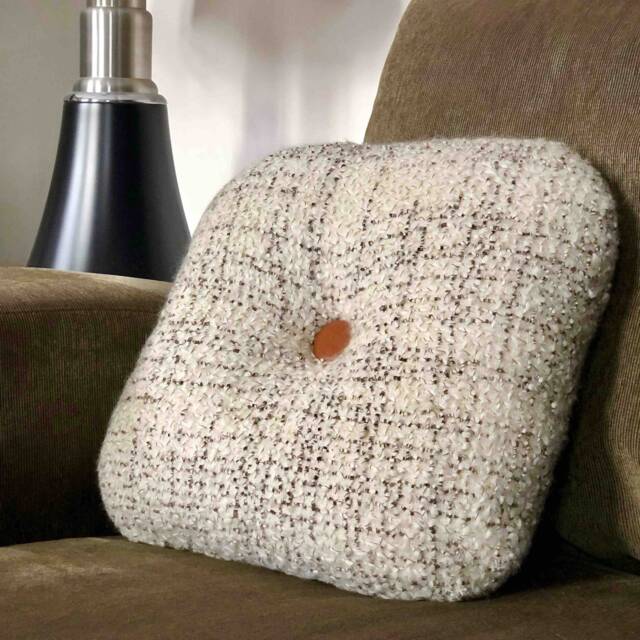 Minimalist Decorative Cushion Handmade in France Round Rounded 45x45cm Cream Tweed Maison Haute Couture Sheep Wool Leather Button - image 1