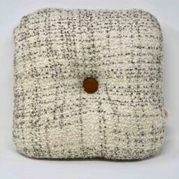 Minimalist Decorative Cushion Handmade in France Round Rounded 45x45cm Cream Tweed Maison Haute Couture Sheep Wool Leather Button - thumbnail 2