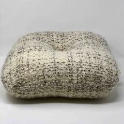 Minimalist Decorative Cushion Handmade in France Round Rounded 45x45cm Cream Tweed Maison Haute Couture Sheep Wool Leather Button - thumbnail 3