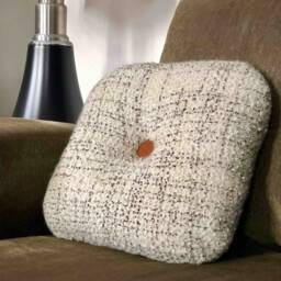 Minimalist Decorative Cushion Handmade in France Round Rounded 45x45cm Cream Tweed Maison Haute Couture Sheep Wool Leather Button - thumbnail 1