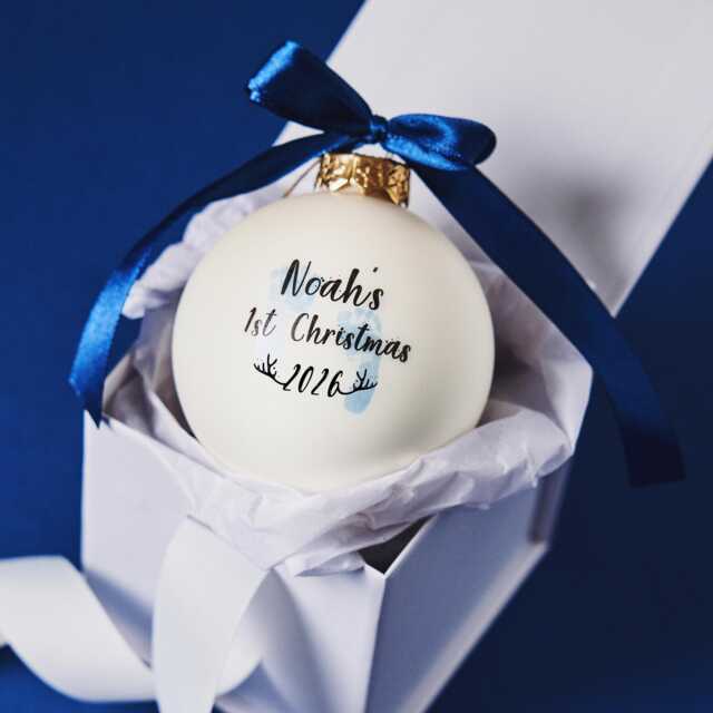 Personalised Babys First Christmas Glass Bauble With Name & Birth Year - Blue Or Pink Footprints & Satin Bow Newborn Gift Keepsake - image 1