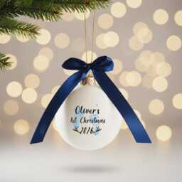 Personalised Babys First Christmas Glass Bauble With Name & Birth Year - Blue Or Pink Footprints & Satin Bow Newborn Gift Keepsake - thumbnail 2