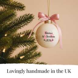 Personalised Babys First Christmas Glass Bauble With Name & Birth Year - Blue Or Pink Footprints & Satin Bow Newborn Gift Keepsake - thumbnail 3