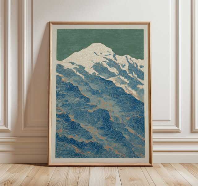 Mountain & Sea Poster, Minimal Abstract Ocean Wall Art Print in Line Illustration Style - image 1