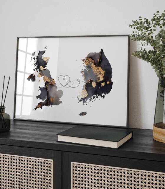 Britain & South Korea Map Black & Gold Travel Wall Art Print - United Kingdom UK - image 1