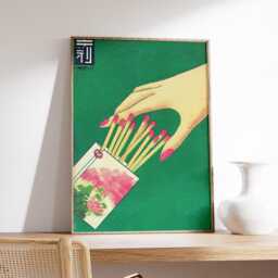 Matchbox Hand Print, Retro Japanese Wall Art, Vintage Pop Poster, Mid Century Home Decor, Green Minimal Art - thumbnail 3