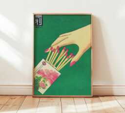 Matchbox Hand Print, Retro Japanese Wall Art, Vintage Pop Poster, Mid Century Home Decor, Green Minimal Art - thumbnail 1