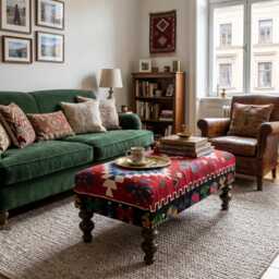 Vintage Ottoman Coffee Table, Upholstered Kilim Rug Ottoman, Stool, Bench, Pouf Red Blue - thumbnail 2