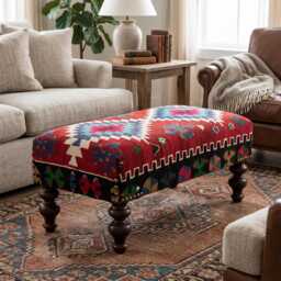 Vintage Ottoman Coffee Table, Upholstered Kilim Rug Ottoman, Stool, Bench, Pouf Red Blue