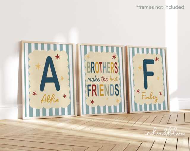 Set Of 3 Personalised Retro Boy's Prints in Blue, Colourful Matching Shared Bedroom Brother's Prints, Brothers Make The Best Friends - image 1