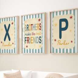 Set Of 3 Personalised Retro Boy's Prints in Blue, Colourful Matching Shared Bedroom Brother's Prints, Brothers Make The Best Friends - thumbnail 3