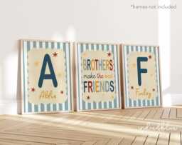 Set Of 3 Personalised Retro Boy's Prints in Blue, Colourful Matching Shared Bedroom Brother's Prints, Brothers Make The Best Friends - thumbnail 1