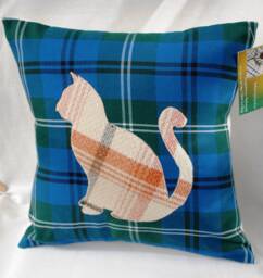 Handmade Wool Cat Pillow, Tartan Scottish Gift, Orange Blue Green Cushion 12
