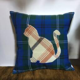 Handmade Wool Cat Pillow, Tartan Scottish Gift, Orange Blue Green Cushion 12 - thumbnail 3