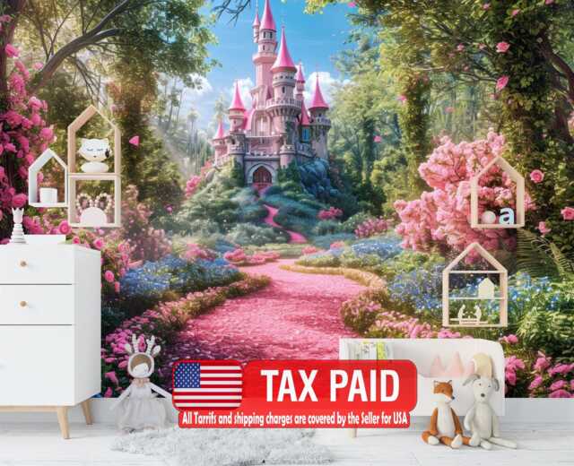 Pink Castle Mural, Flowers Meadow Wallpaper, Peel & Stick Wall Decal - image 1
